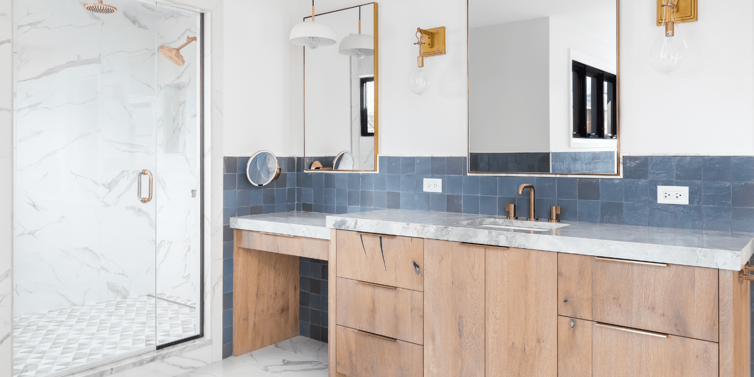 Stock Image of Bathroom Design with Blue Backsplash and Natural Wood Vanity