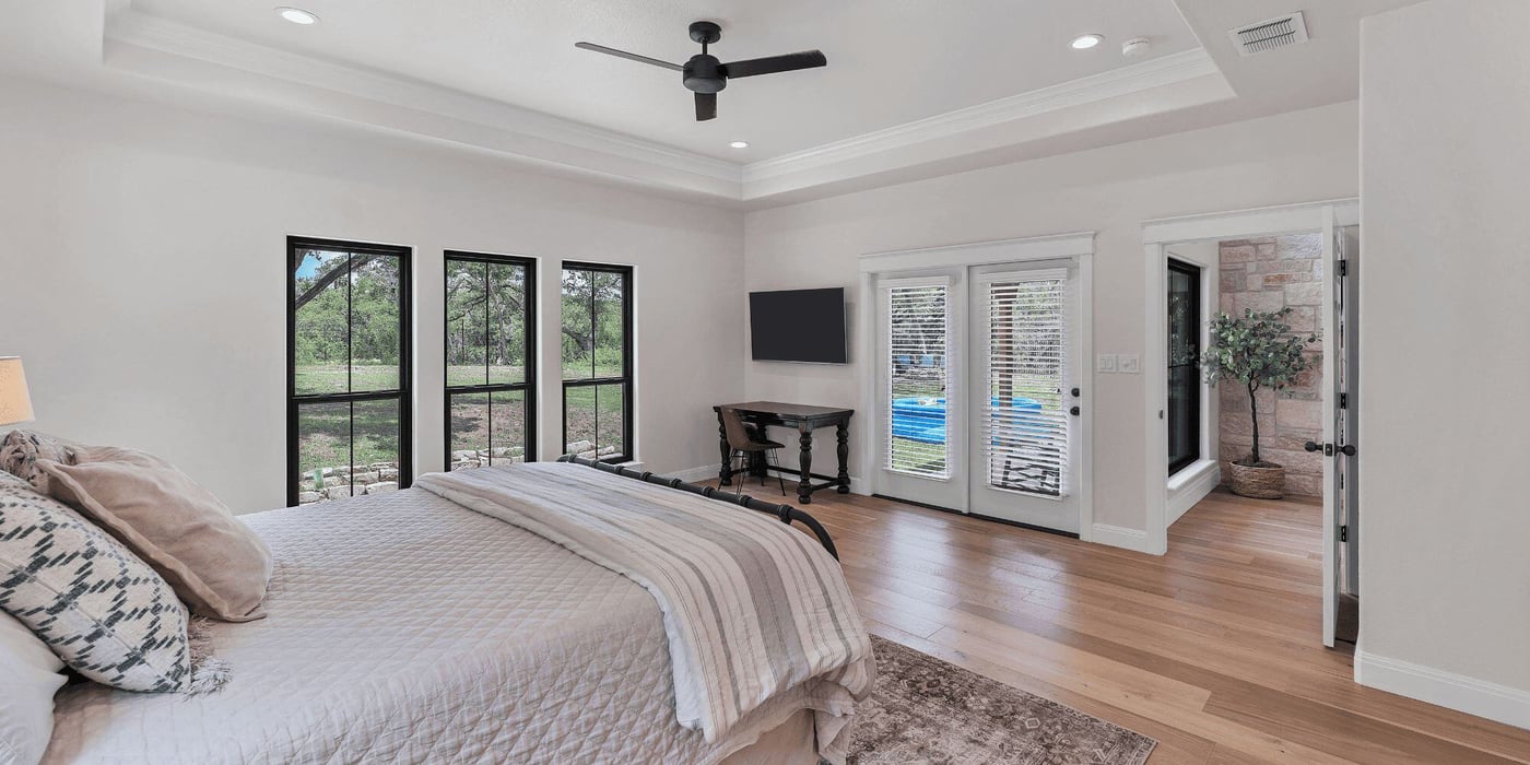 Bedroom with Patio Doors in Custom Home Build in North San Antonio