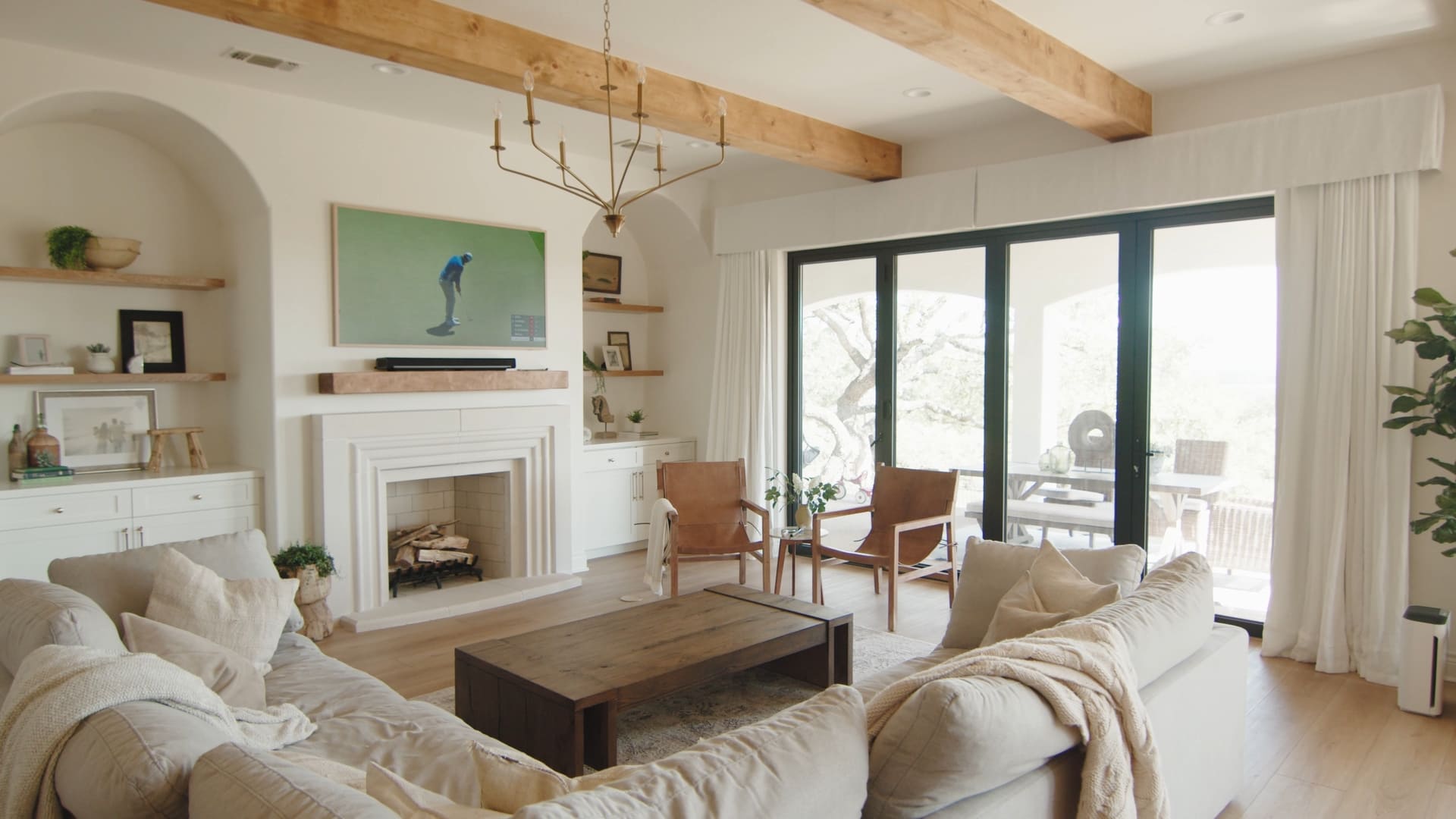 Home Interior with Beams and Fireplace