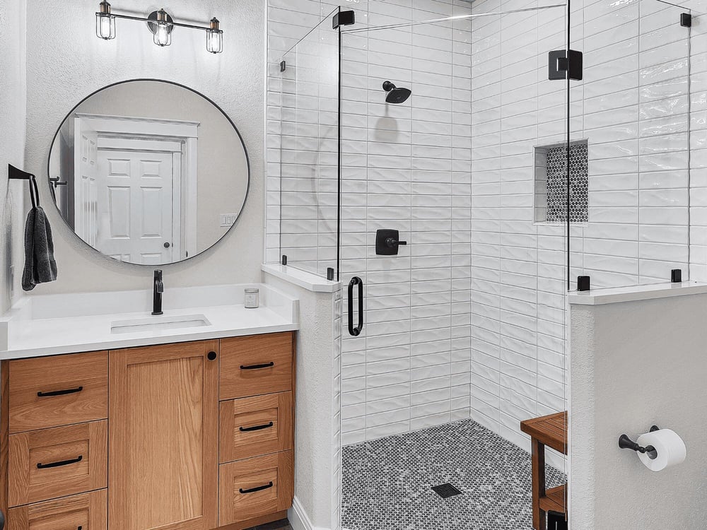 Wooden Vanity in Renovated Bathroom in Bulverde