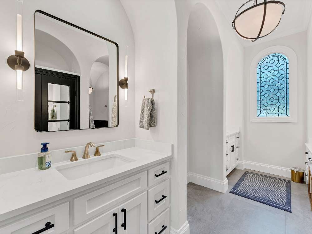 Hill Haven Homes bathroom remodel with arched entry and double vanity in San Antonio Hill Haven Homes bathroom remodel with arched entry and double vanity in San Antonio