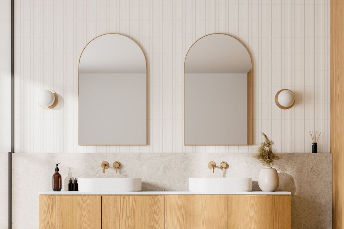 Stock Image of Bathroom with Warm Wood Vanity and Vessel Sinks