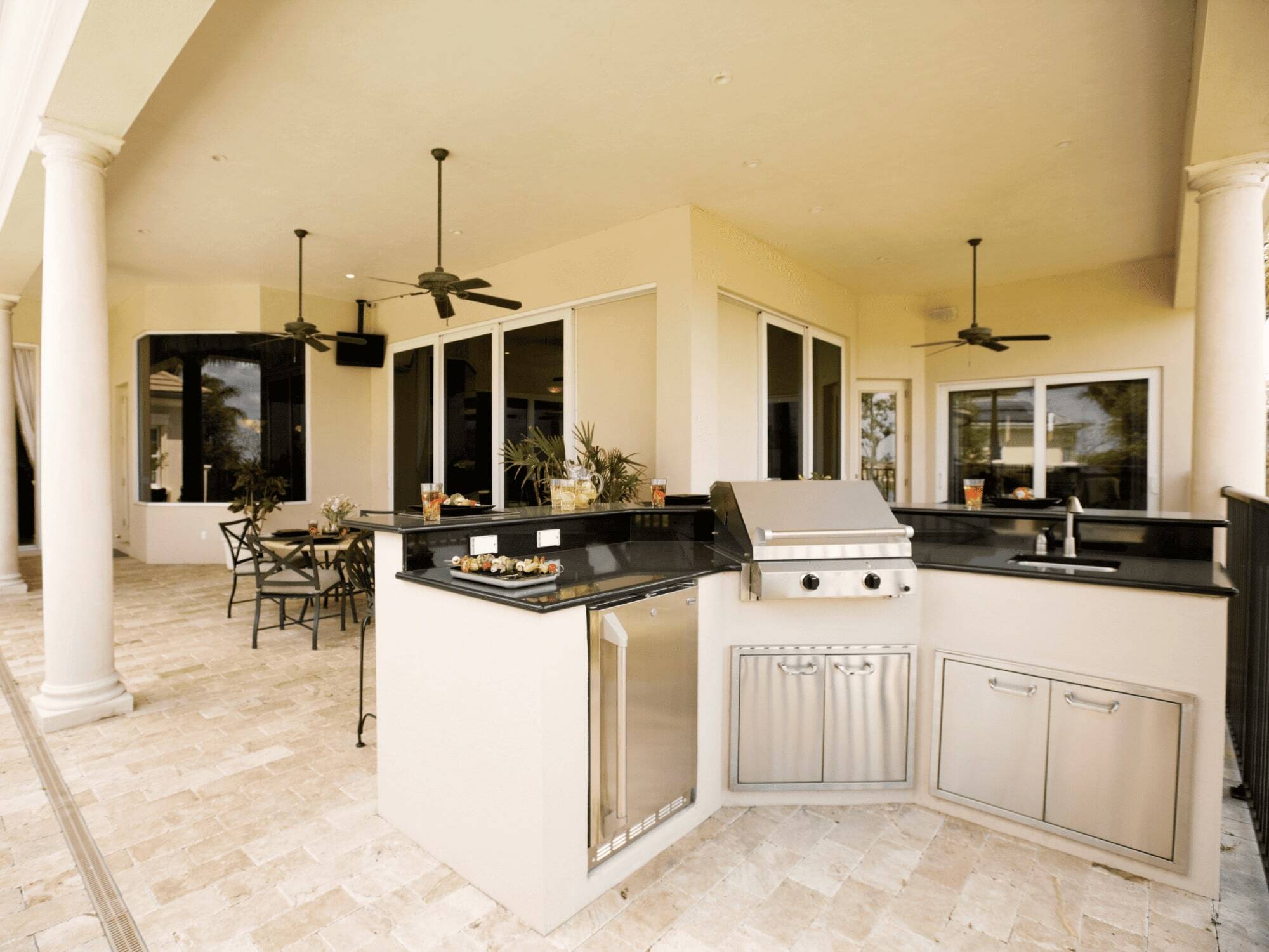 Beige Outdoor Kitchen with Sink and Storage